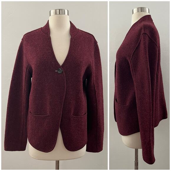 Eileen Fisher Knit Cardigan Sweater Luxury Lambswool Cotton Pockets Burgundy M - Picture 1 of 8